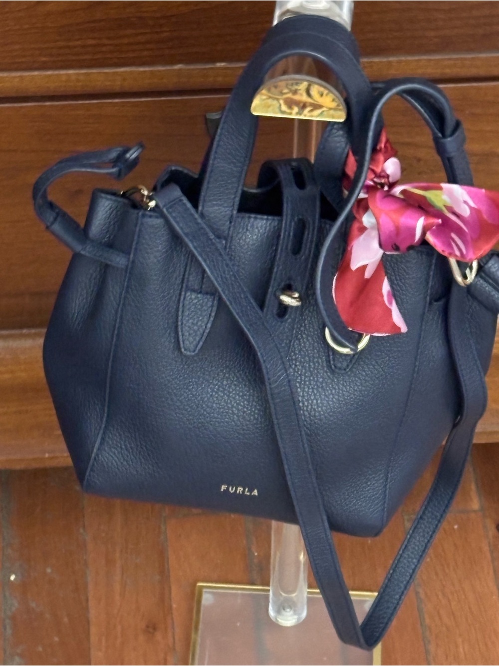 Furla Navy Pebbled Leather Drawstring Bucket Bag with Pink Floral Scarf Accent